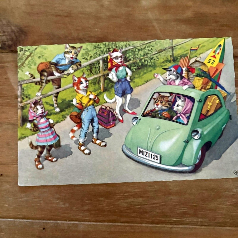 Vintage Alfred Mainzer Postcard Printed in Belgium Kitty‎ In Car #4936